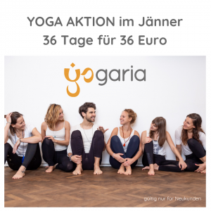 Titelbild der 36 Tage Aktion, 6 Yogalehrer sitzen nebeneinander am Boden und unterhalten sich, darüber der Schriftzug der Yoga Aktion