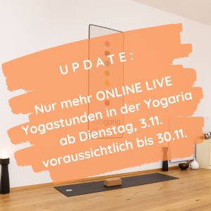 der Text ist auf einem orangenen Hintergrund vor dem Bild der Yogaria Yogalehrermatte abgebildet, darauf befindet sich der Text