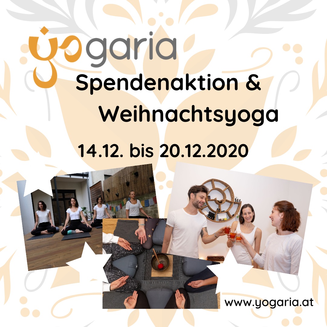 3 Fotos sind im unteren Drittel des Bildes eingefügt, eine Gruppe von 4 Mädchen beim Yoga, Ein Sitzkrseis rund um eine Klangschale, 3 Personen trinken Tee und stossen an