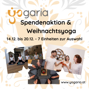 3 Fotos sind im unteren Drittel des Bildes eingefügt, eine Gruppe von 4 Mädchen beim Yoga, Ein Sitzkrseis rund um eine Klangschale, 3 Personen trinken Tee und stossen an
