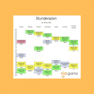 eine Übersicht des Yogaria Stundenplans in den 3 Farben der 3 Yogagruppen, aktivierend, ausgleichend und entspannend, von Montag bis Sonntag