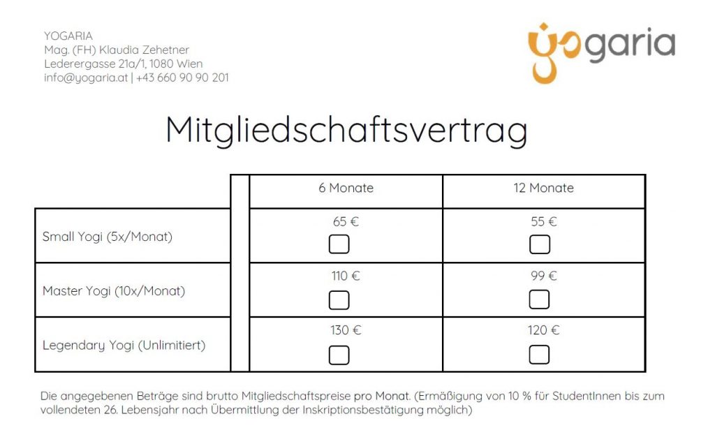 Ausschnitt des aktuellen Mitgliedschaftsvertrages in der Yogaria