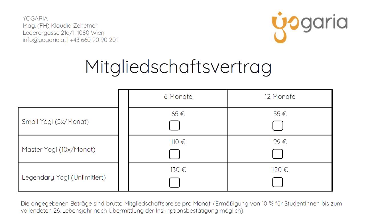 Ausschnitt des aktuellen Mitgliedschaftsvertrages in der Yogaria