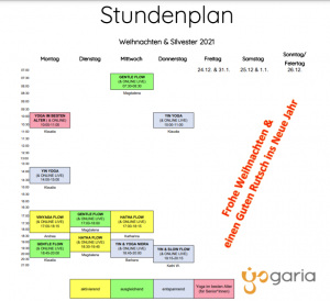 Stundenplan über die Weihnachtsfeiertage 2021