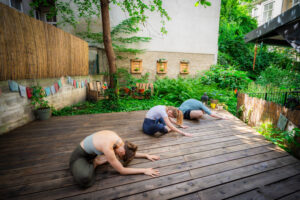 3 Yogis im Lotussitz nach vorne gebeugt