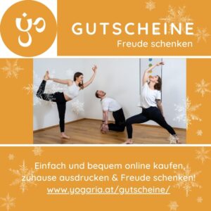 Ein Bild in der Mitte zeigt 3 Yogalehrer_innen in der Yogaria